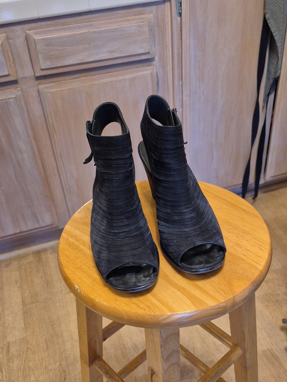 Paul Green Cayanne Black Nubuck Leather Peep Toe Block Heel Booties